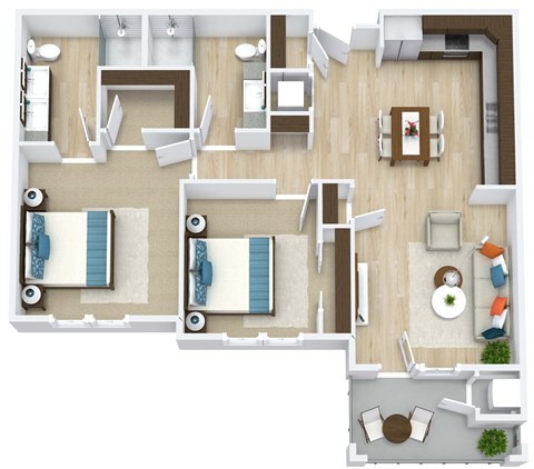 Floor plan for 2 beds, 2 baths, 1053 sqft